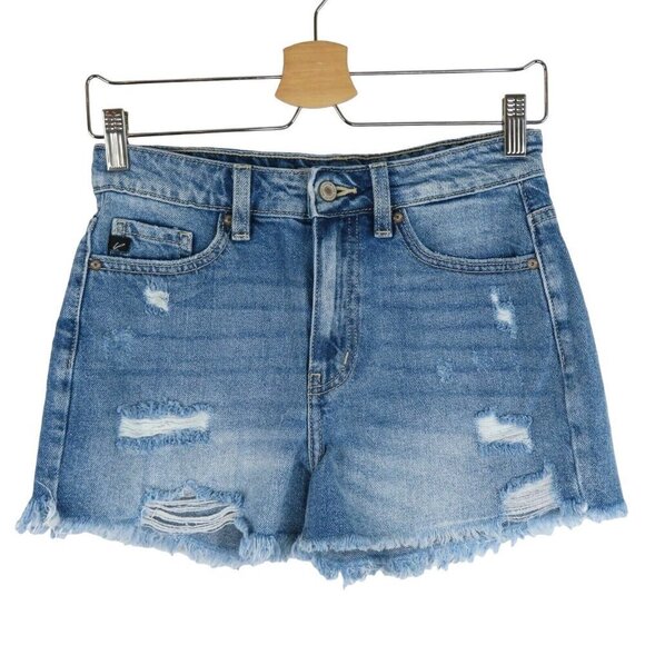KanCan Womens Small Distressed Raw Hem Blue Denim Jean Shorts Pockets 36724 - Picture 1 of 9